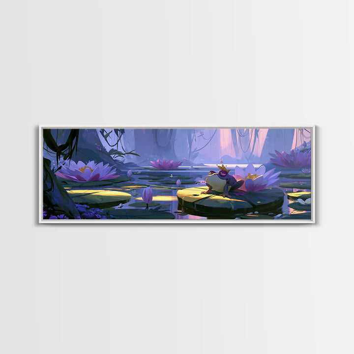 Frog Prince on a Lily Pad Framed Canvas Print, Fairy Tale Art, Original Art, Living Room Decor, Fine Art, Storybook, Folk Art, FTA-3x1-99