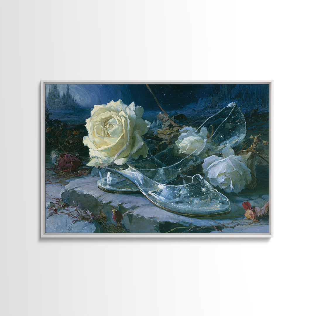 Glass Slipper Still Life Framed Canvas Print, Fairy Tale Art, Nursery Art, Living Room Decor, Storybook, Art Nouveau Print, FTA-3x2-10