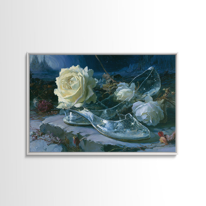 Glass Slipper Still Life Framed Canvas Print, Fairy Tale Art, Nursery Art, Living Room Decor, Storybook, Art Nouveau Print, FTA-3x2-10