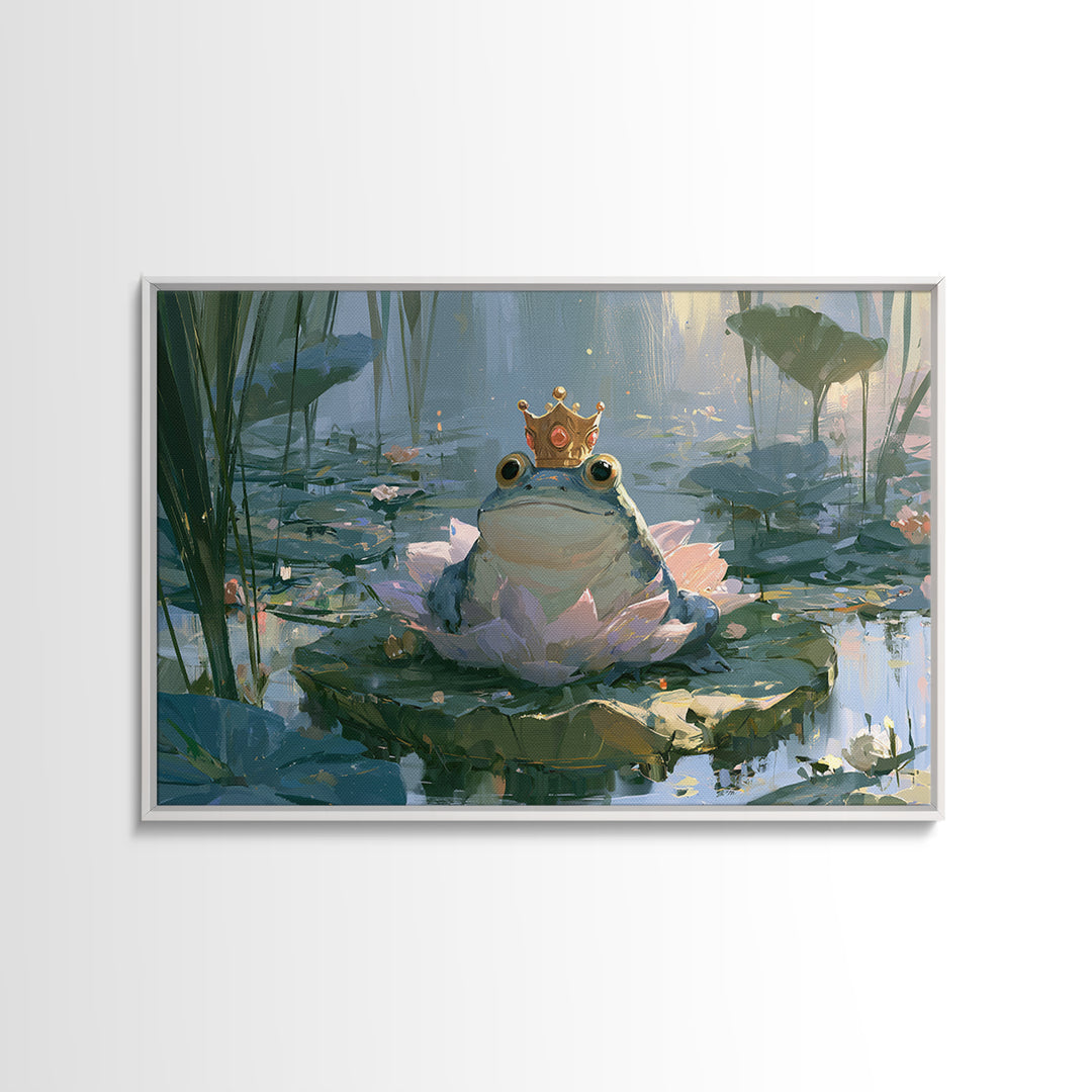 Frog Prince on a Lily Pad Framed Canvas Print, Fairy Tale Art, Whimsical Art, Living Room Decor, Fine Art, Storybook, FTA-3x2-15