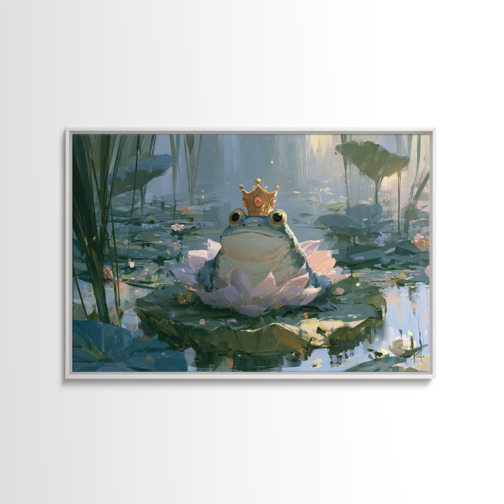 Frog Prince on a Lily Pad Framed Canvas Print, Fairy Tale Art, Whimsical Art, Living Room Decor, Fine Art, Storybook, FTA-3x2-15