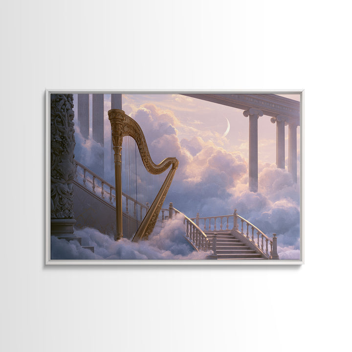 Golden Harp in a Cloud Kingdom Framed Canvas Print, Fairy Tale Art, Art Nouveau, Living Room Decor, Fine Art, Storybook, FTA-3x2-2
