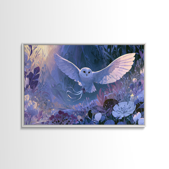 Owl Messenger Carrying a Tiny Ribbon Canvas Print, Fairy Tale Art, Whimsical Wall Art, Living Room Decor, Fine Art, Storybook, FTA-3x2-21