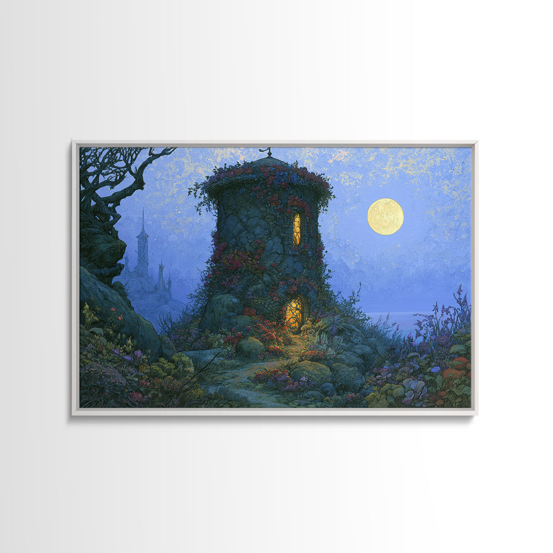 Rose Covered Tower Canvas Print, Fairy Tale Art, Boho Wall Art, Living Room Decor, Oil Painting, Storybook, Mixed Media Art, FTA-3x2-22