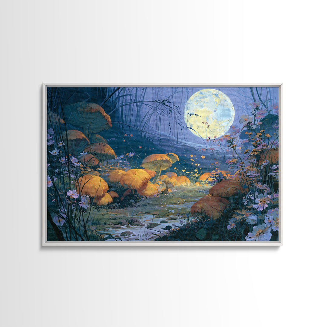 Fairy Ring of Mushrooms and Wildflowers Framed Canvas Print, Fairy Tale Art, Kids Room Decor, Living Room Decor, Storybook, FTA-3x2-25