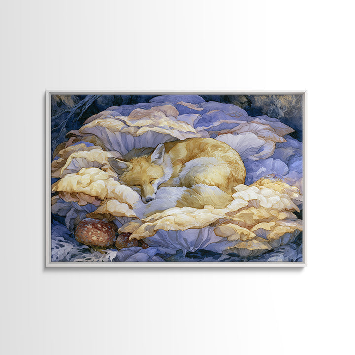 Sleeping Fox Beside a Magical Mushroom Ring Canvas Print, Fairy Tale Art, Statement Artwork, Living Room Decor, Storybook, FTA-3x2-31