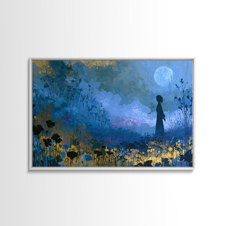 Princess Silhouette with Moonlit Garden Flowers Canvas Print, Fairy Tale Art, Mixed Media Art, Living Room Decor, Storybook, FTA-3x2-32
