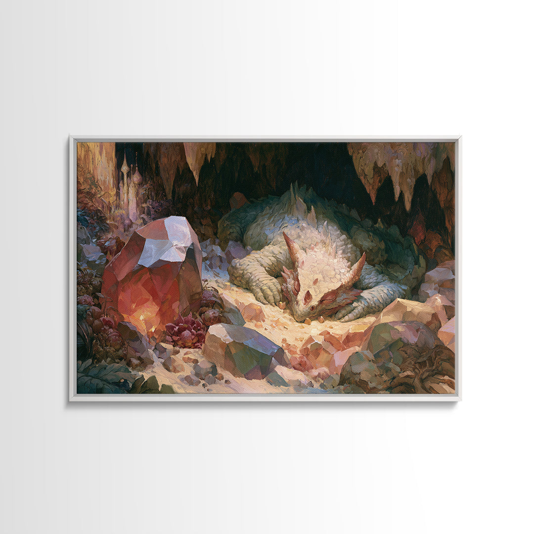 Sleeping Dragon in a Cave of Crystals Canvas Print, Fairy Tale Art, Boho Wall Art, Living Room Decor, Oil Painting, Storybook, FTA-3x2-4