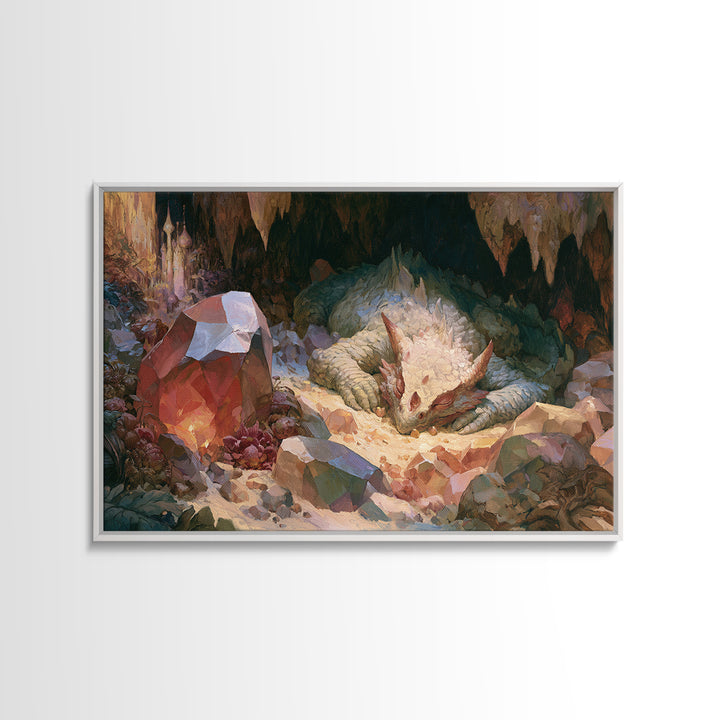 Sleeping Dragon in a Cave of Crystals Canvas Print, Fairy Tale Art, Boho Wall Art, Living Room Decor, Oil Painting, Storybook, FTA-3x2-4