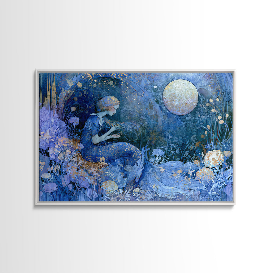 Mermaid Combing Hair Beneath a Pearl Moon Framed Canvas Print, Fairy Tale Art, Fantasy Art, Living Room Decor, Oil Painting, FTA-3x2-40