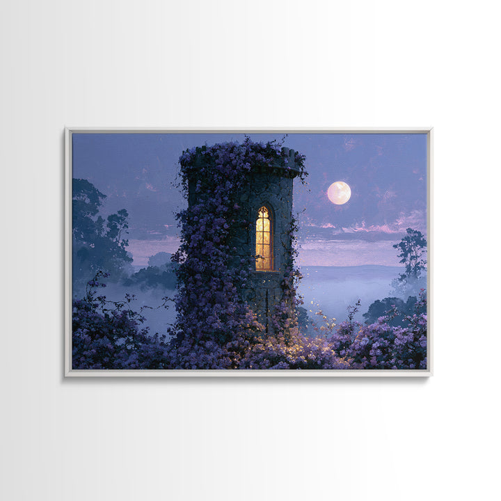 Rose Covered Tower Framed Canvas Print, Fairy Tale Art, Folk Art, Living Room Decor, Fine Art, Storybook, Modern Decor, FTA-3x2-46