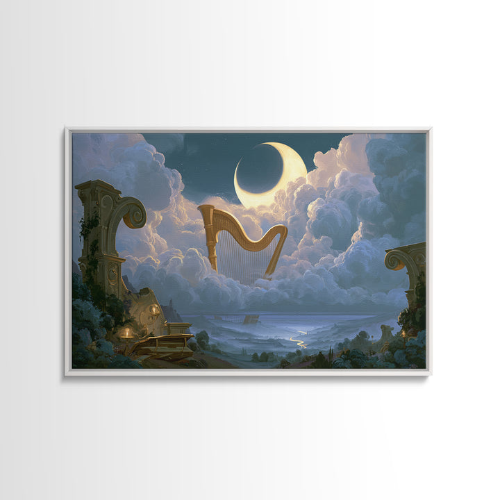 Golden Harp in a Cloud Kingdom Framed Canvas Print, Fairy Tale Art, Princess Wall Art, Living Room Decor, Oil Painting, FTA-3x2-50