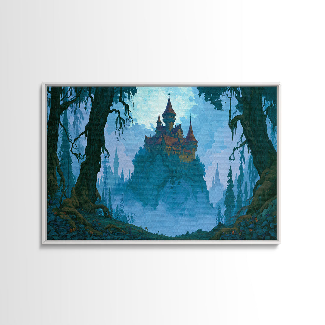 Storybook Castle on a Misty Hill Canvas Print, Fairy Tale Art, Dark Art, Living Room Decor, Storybook, Statement Artwork, FTA-3x2-54