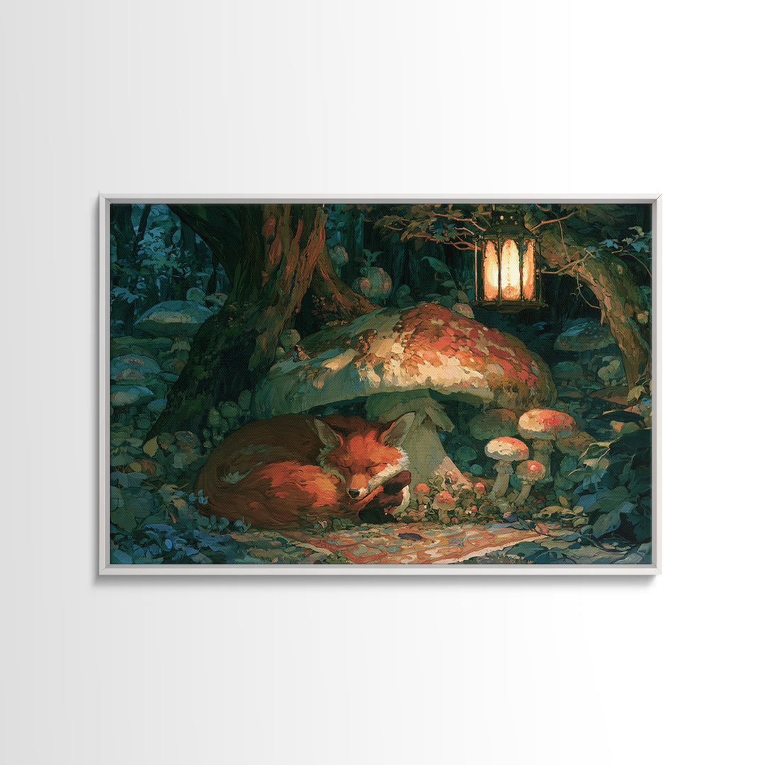 Sleeping Fox Beside a Magical Mushroom Ring Canvas Print, Fairy Tale Art, Boho Wall Art, Living Room Decor, Storybook, FTA-3x2-55