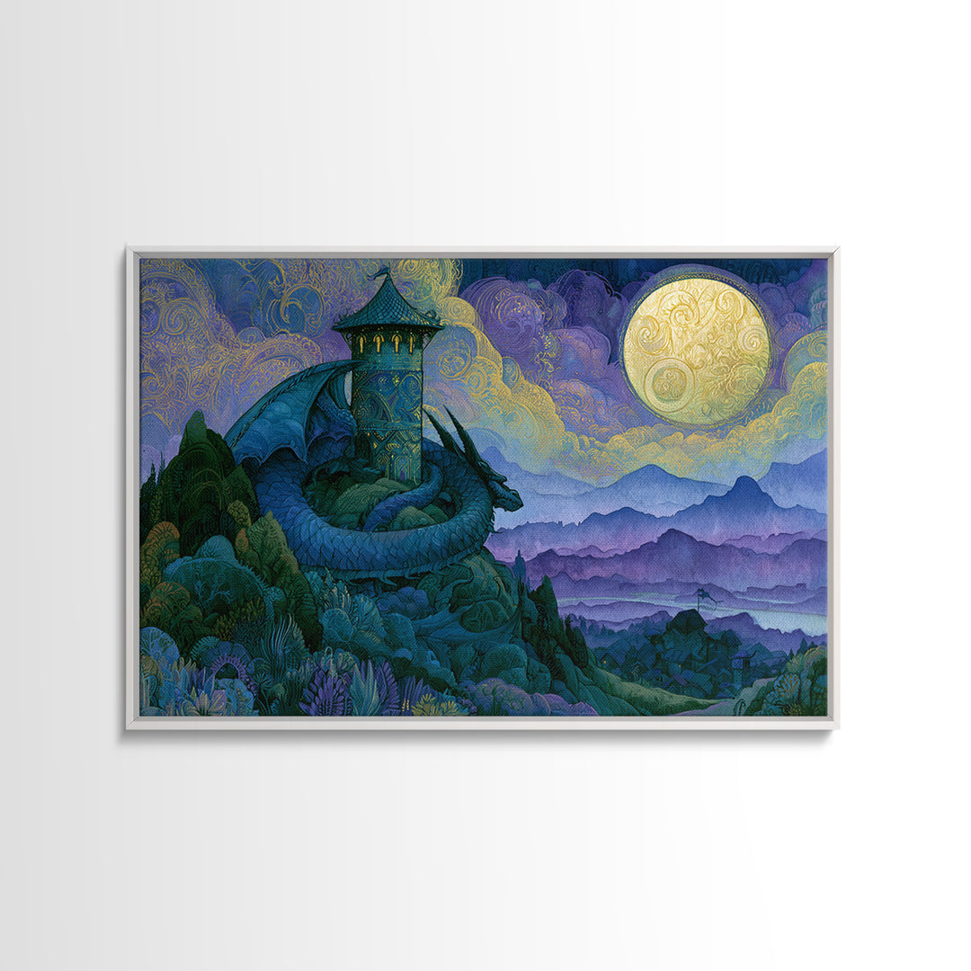 Dragon Curled Around a Jeweled Tower Canvas Print, Fairy Tale Art, Fairy Art, Living Room Decor, Fine Art, Storybook, FTA-3x2-57