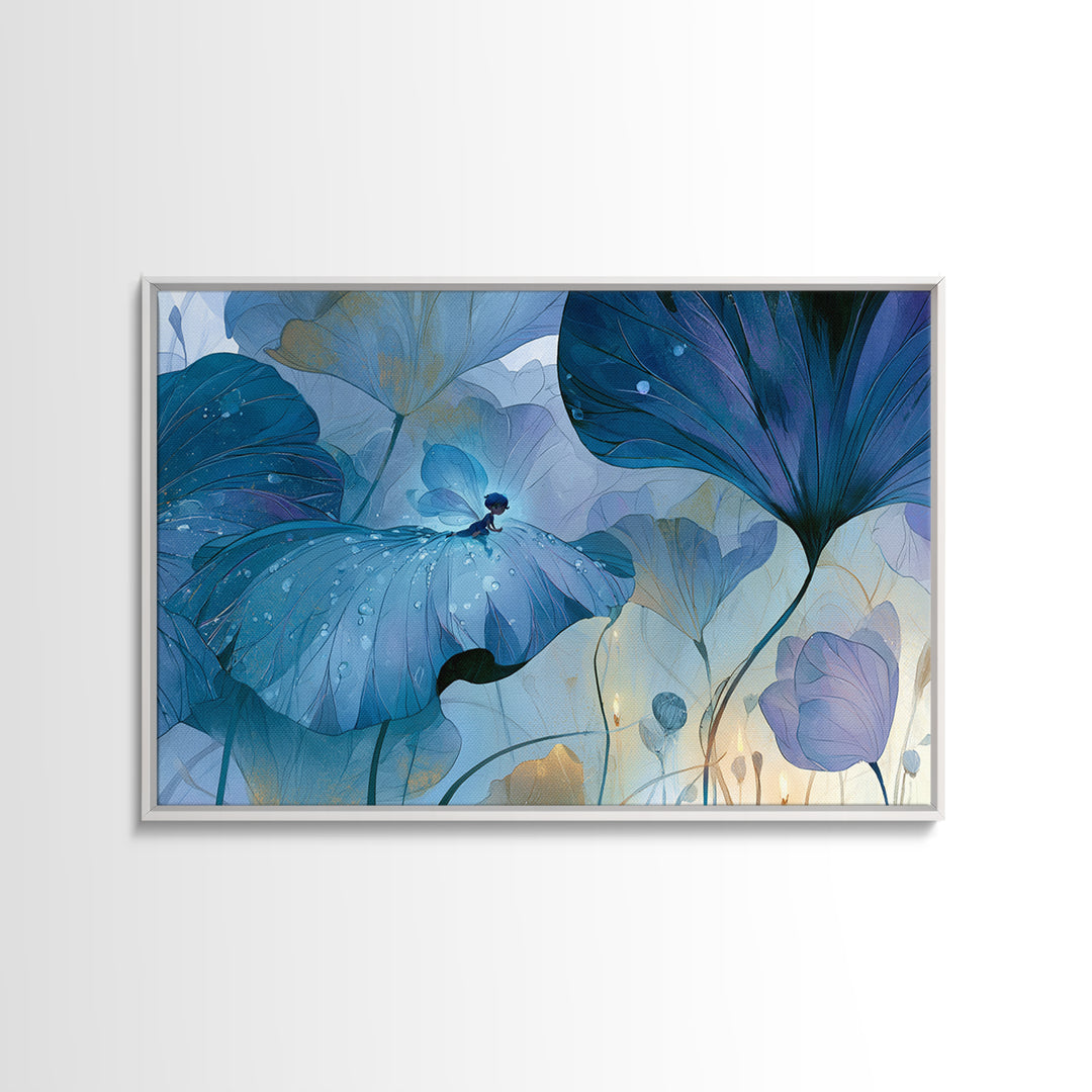Tiny Fairy Resting on a Dew Covered Framed Canvas Print, Fairy Tale Art, Art Deco, Living Room Decor, Fine Art, Storybook, FTA-3x2-59
