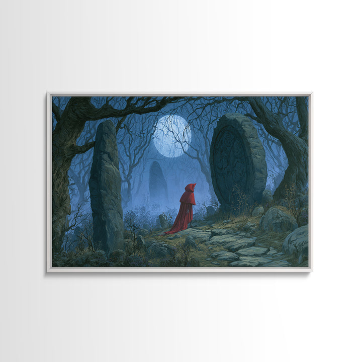 Red Cloak Figure Walking Through Dark Woods Canvas Print, Fairy Tale Art, Textured Painting, Living Room Decor, Storybook, FTA-3x2-60