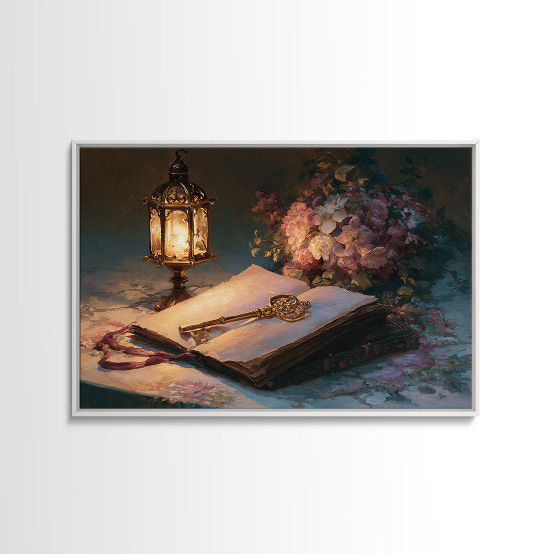 Golden Key and Enchanted Book Still Life Canvas Print, Fairy Tale Art, Fantasy Art, Living Room Decor, Oil Painting, Storybook, FTA-3x2-61