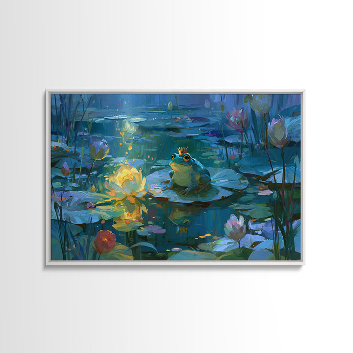 Frog Prince on a Lily Pad Framed Canvas Print, Fairy Tale Art, Dark Art, Living Room Decor, Storybook, Statement Artwork, FTA-3x2-63