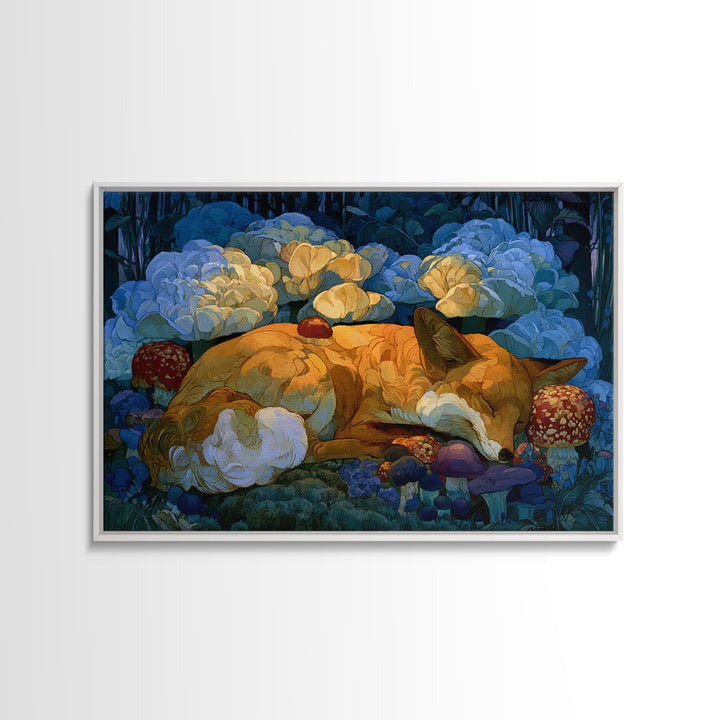 Sleeping Fox Beside a Magical Mushroom Ring Framed Canvas Print, Fairy Tale Art, Abstract Art, Living Room Decor, Storybook, FTA-3x2-7