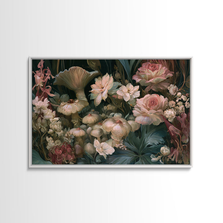 Fairy Ring of Mushrooms and Wildflowers Canvas Print, Fairy Tale Art, Neutral Decor, Living Room Decor, Oil Painting, Storybook, FTA-3x2-73