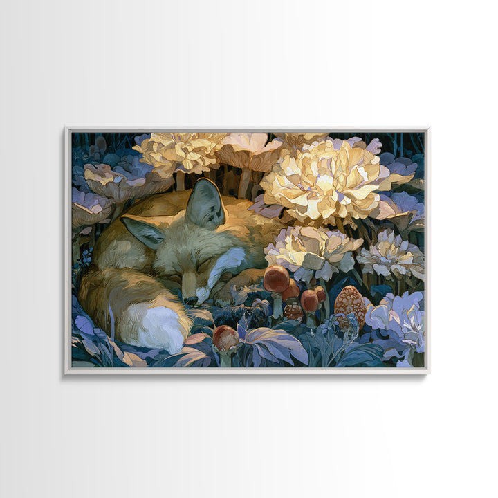 Sleeping Fox Beside a Magical Mushroom Ring Canvas Print, Fairy Tale Art, Luxury Decor, Living Room Decor, Storybook, FTA-3x2-79