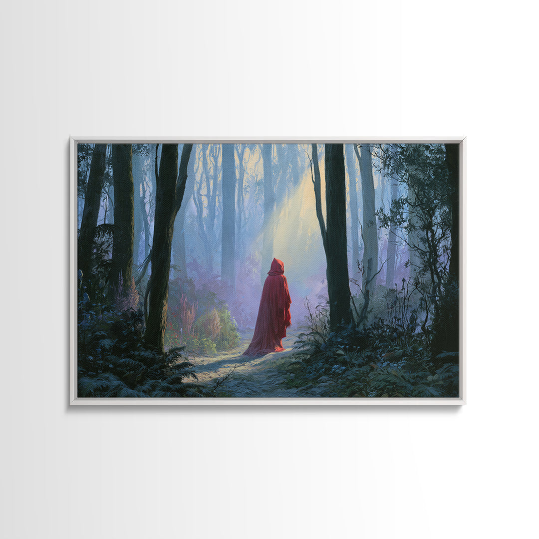 Red Cloak Figure Walking Through Dark Woods Canvas Print, Fairy Tale Art, Wall Decor, Living Room Decor, Fine Art, Storybook, FTA-3x2-84