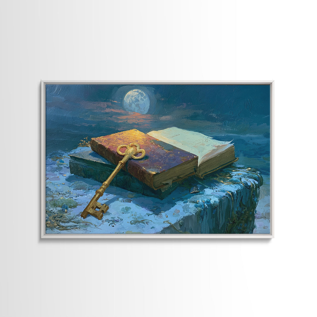 Golden Key and Enchanted Book Still Life Framed Canvas Print, Fairy Tale Art, Statement Artwork, Living Room Decor, Storybook, FTA-3x2-85