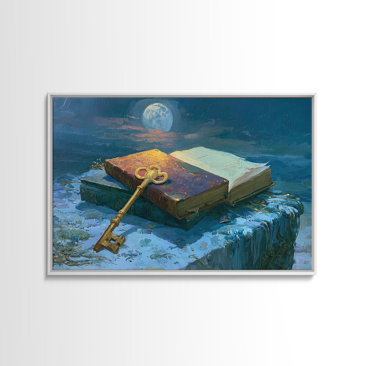 Golden Key and Enchanted Book Still Life Framed Canvas Print, Fairy Tale Art, Statement Artwork, Living Room Decor, Storybook, FTA-3x2-85