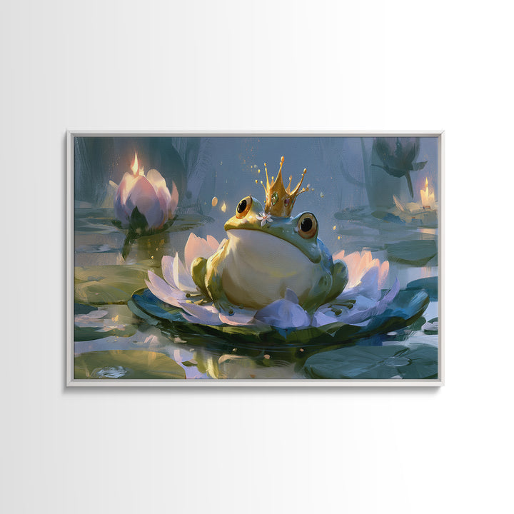 Frog Prince on a Lily Pad Framed Canvas Print, Fairy Tale Art, Wall Decor, Living Room Decor, Storybook, Boho Wall Art, FTA-3x2-87
