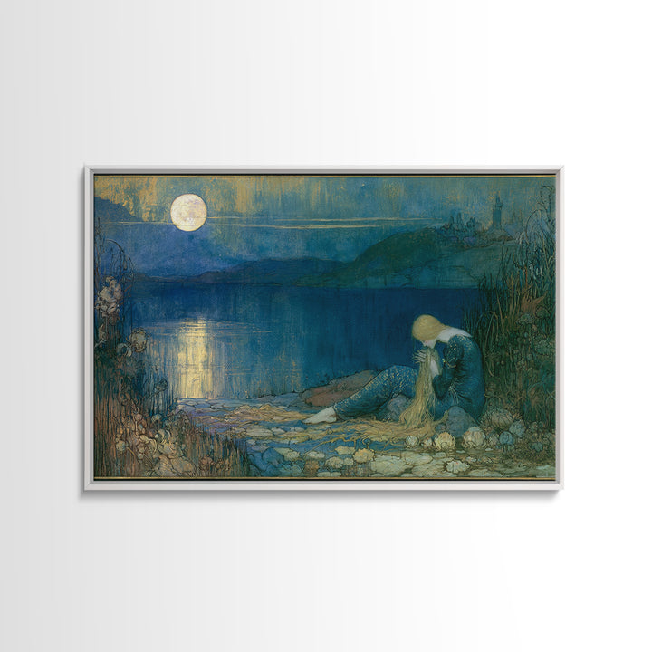 Mermaid Combing Hair Beneath a Pearl Moon Canvas Print, Fairy Tale Art, Painting, Living Room Decor, Fine Art, Storybook, FTA-3x2-88