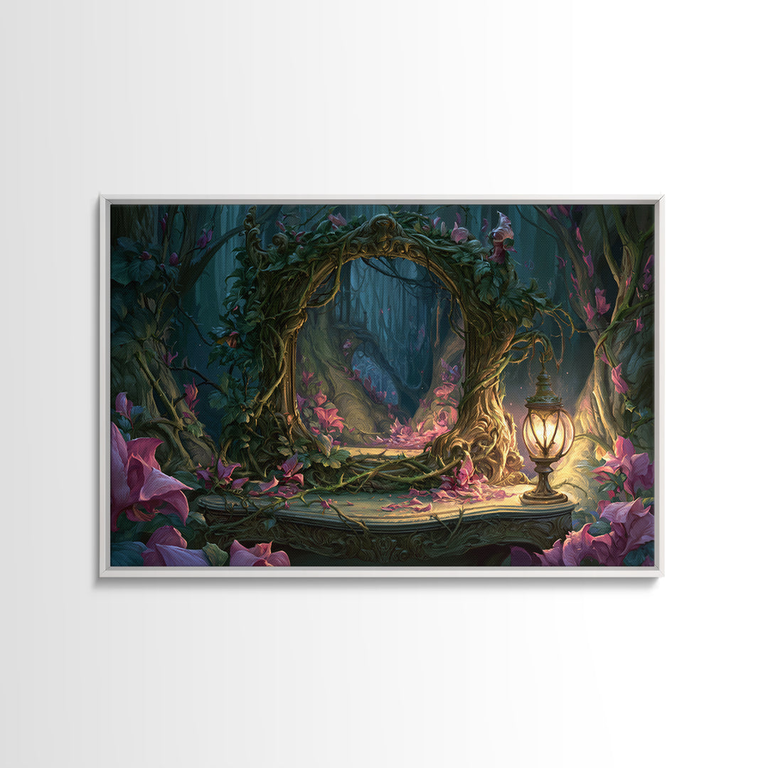 Magic Mirror Framed by Vines and Thorns Canvas Print, Fairy Tale Art, Boho Decor, Living Room Decor, Oil Painting, Storybook, FTA-3x2-89