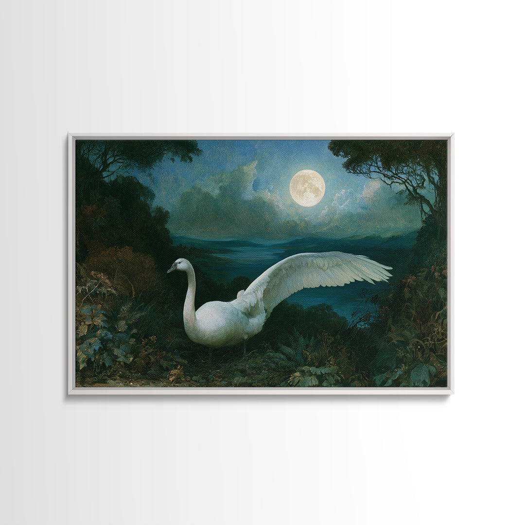 White Swan Transformation Scene Framed Canvas Print, Fairy Tale Art, Boho Wall Art, Living Room Decor, Oil Painting, Storybook, FTA-3x2-91