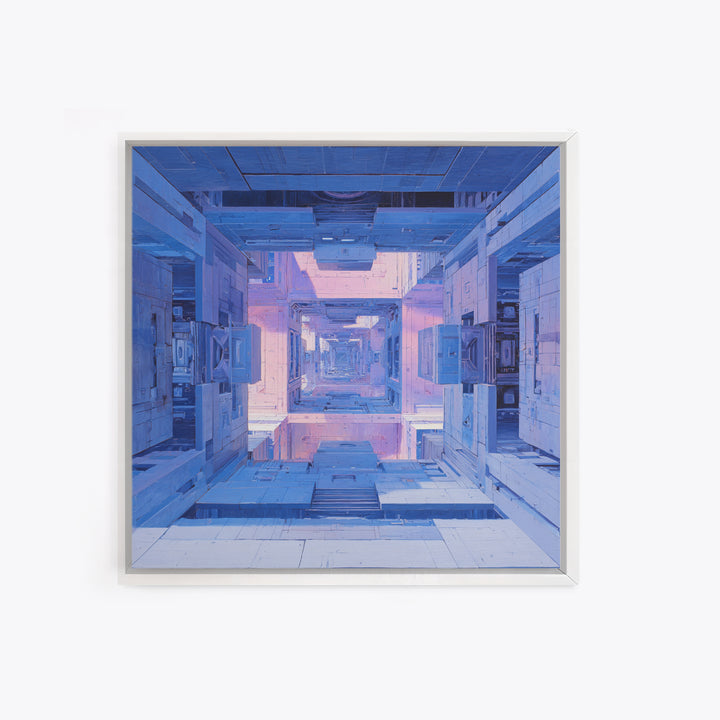 White and Blue Utopian Megastructure Canvas Print, Futuristic Art, Canvas Wall Art, Living Room Decor, Watercolor Art, Future, FUT-1x1-36