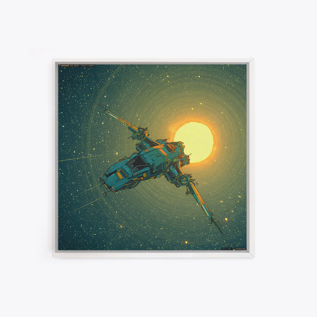 Solar Sail Ship Crossing Star Filled Space Framed Canvas Print, Futuristic Art, Mid Century Modern, Living Room Decor, Future, FUT-1x1-41