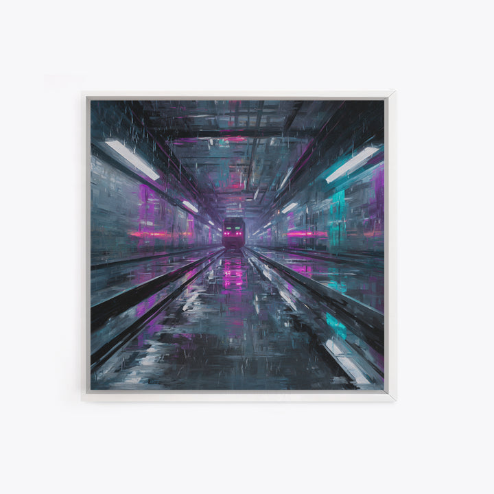Transparent Train Speeding Through Light Tunnels Canvas Print, Futuristic Art, Statement Artwork, Living Room Decor, Future, FUT-1x1-59