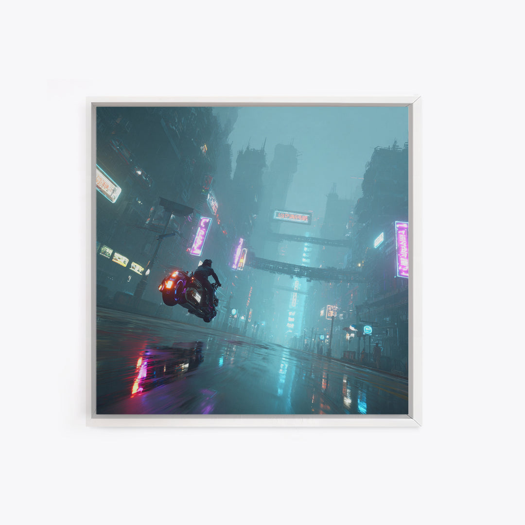 High Speed Hover Bike Trail of Light Framed Canvas Print, Futuristic Art, Cyberpunk Decor, Living Room Decor, Fine Art, Future, FUT-1x1-68