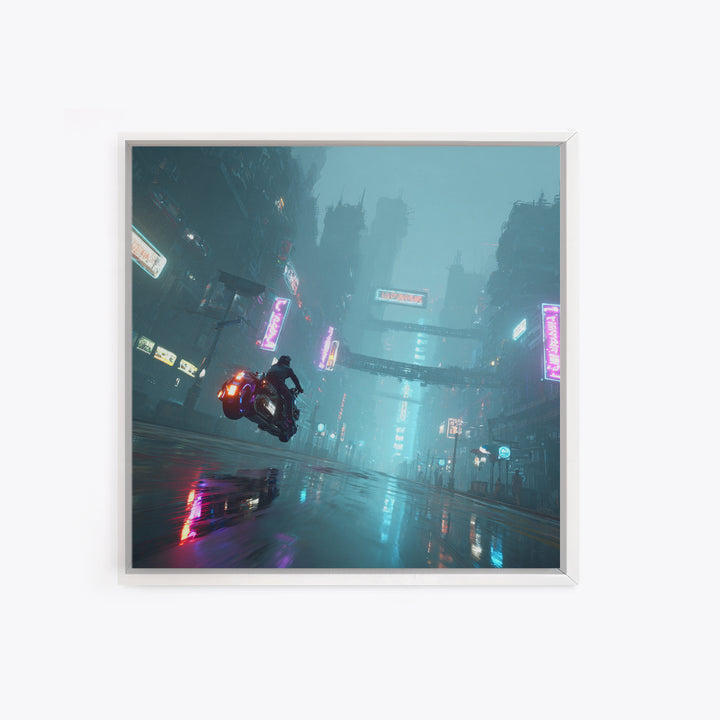 High Speed Hover Bike Trail of Light Framed Canvas Print, Futuristic Art, Cyberpunk Decor, Living Room Decor, Fine Art, Future, FUT-1x1-68