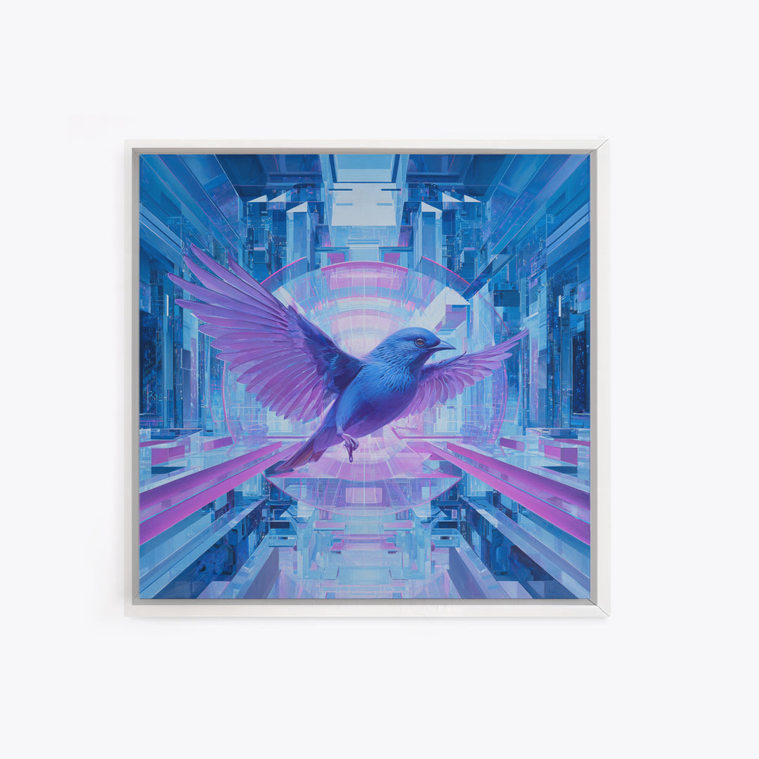 Futurist Bird Made of Panels and Light Framed Canvas Print, Futuristic Art, Statement Artwork, Living Room Decor, Future, FUT-1x1-70