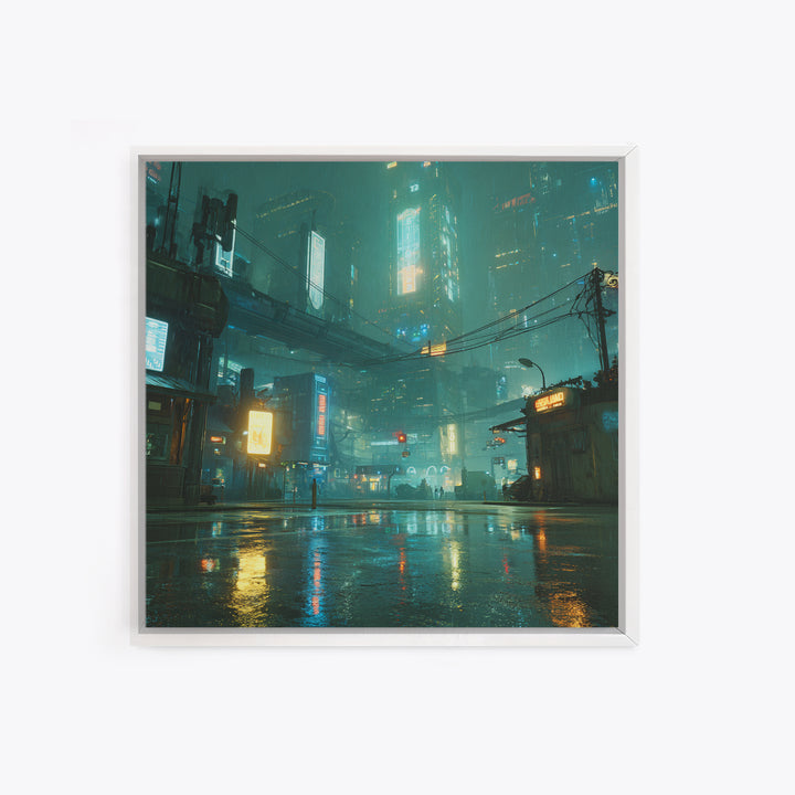 Digital Aurora Above a Clean White City Framed Canvas Print, Futuristic Art, Space Art, Living Room Decor, Abstract Art, Future, FUT-1x1-72