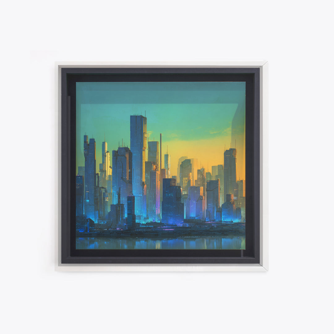 Sleek Chrome City Skyline Framed Canvas Print, Futuristic Art, Modern Wall Art, Living Room Decor, Abstract Art, Future, FUT-1x1-73