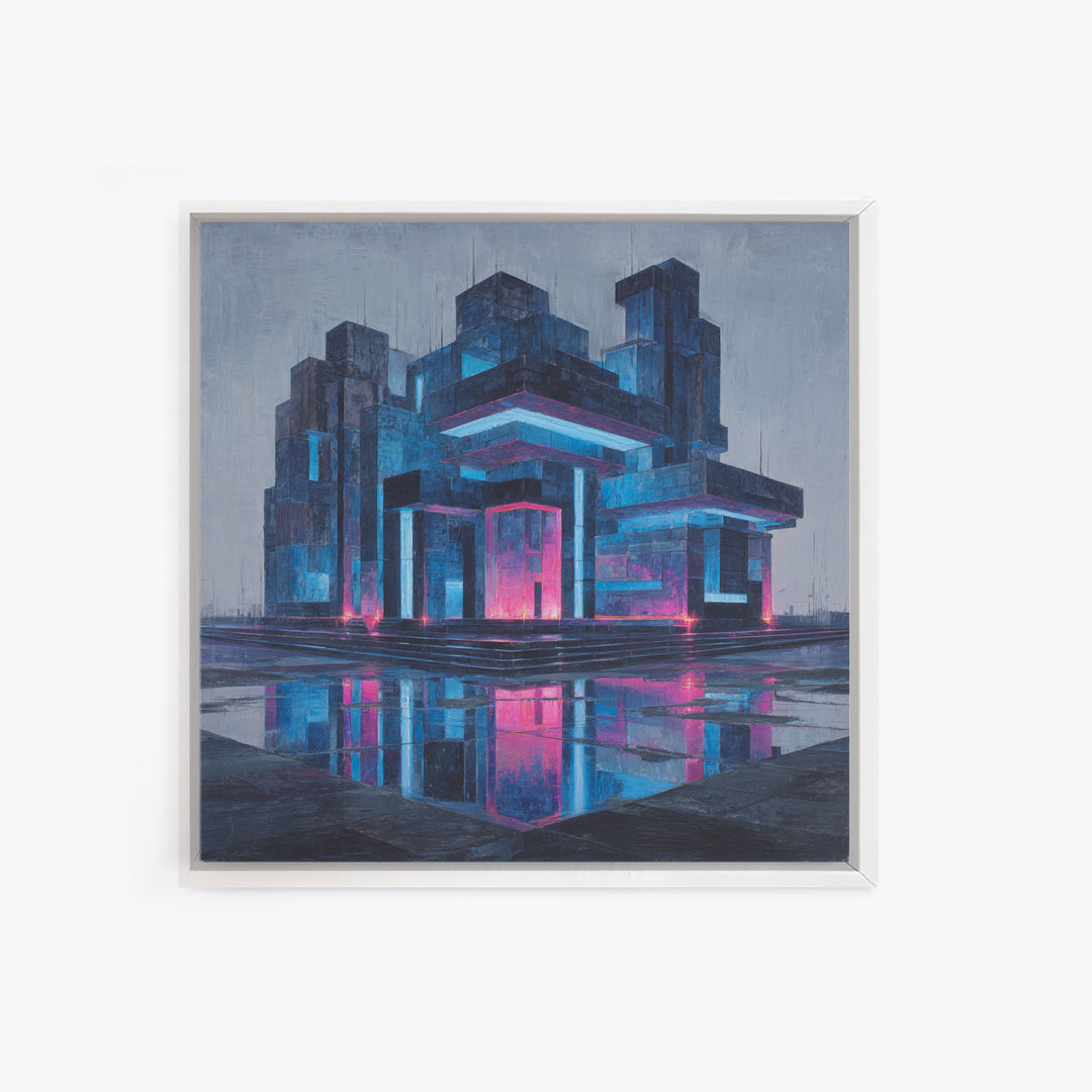 White and Blue Utopian Megastructure Framed Canvas Print, Futuristic Art, Living Room Decor, Abstract Art, Future, FUT-1x1-84