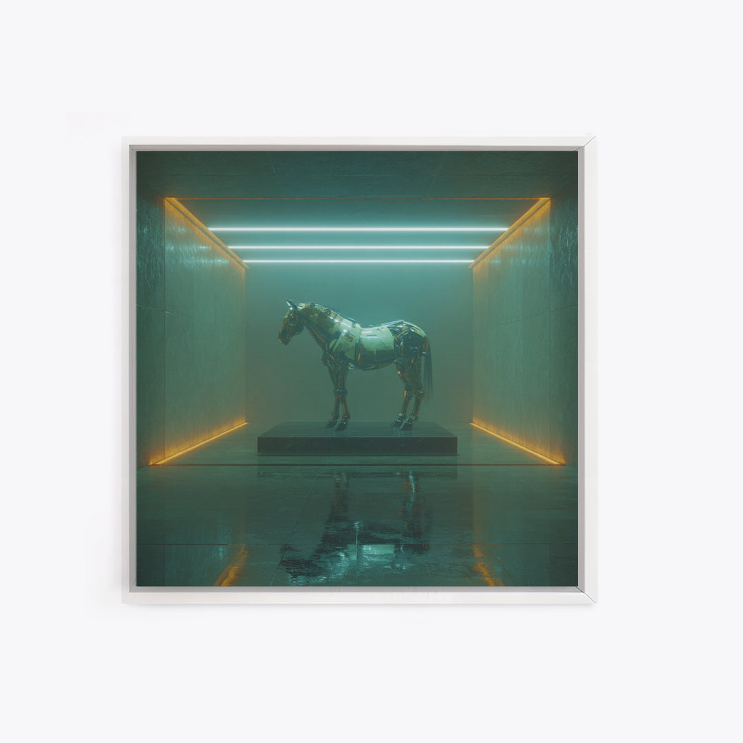 Cybernetic Horse in a Luminous Field Canvas Print, Futuristic Art, Digital Print, Living Room Decor, Fine Art, Future, FUT-1x1-85