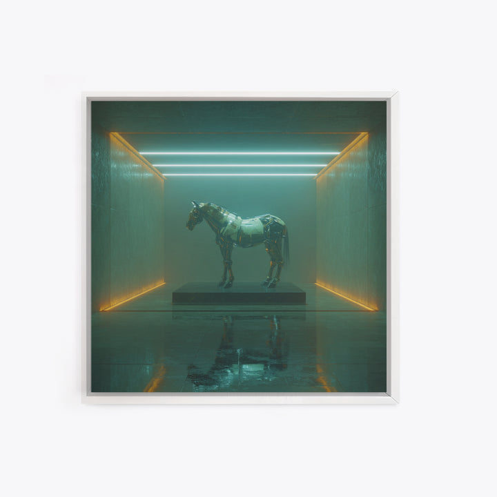 Cybernetic Horse in a Luminous Field Canvas Print, Futuristic Art, Digital Print, Living Room Decor, Fine Art, Future, FUT-1x1-85
