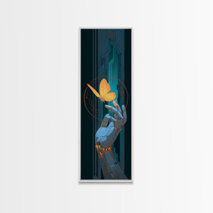 Robotic Hand Holding a Delicate Butterfly Framed Canvas Print, Futuristic Art, Colorful Wall Art, Living Room Decor, Future, FUT-1x3-20