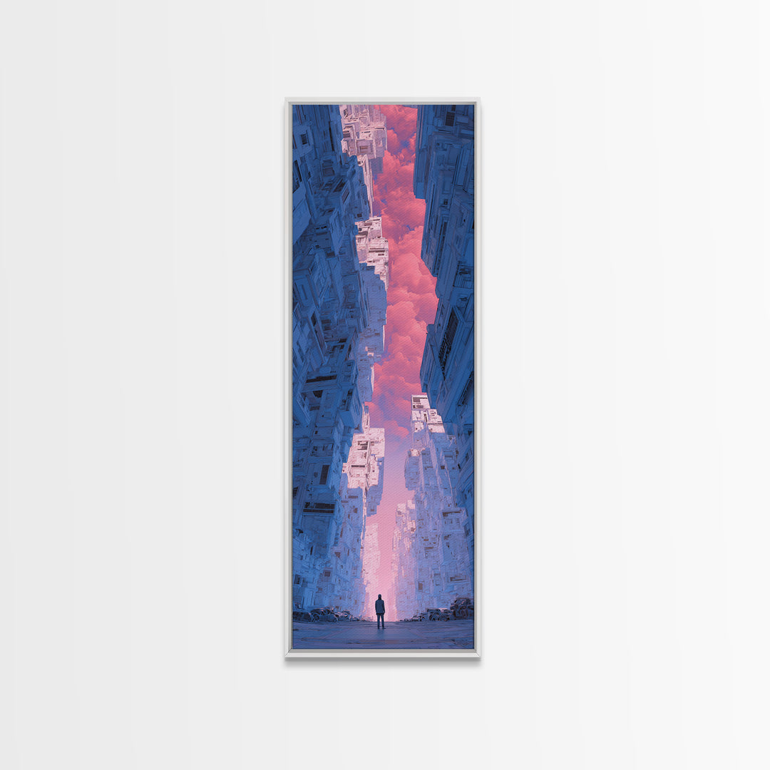 White and Blue Utopian Megastructure Framed Canvas Print, Futuristic Art, Canvas Painting, Living Room Decor, Fine Art, Future, FUT-1x3-24