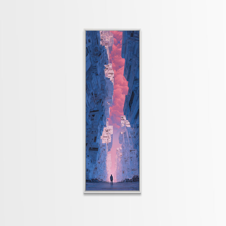 White and Blue Utopian Megastructure Framed Canvas Print, Futuristic Art, Canvas Painting, Living Room Decor, Fine Art, Future, FUT-1x3-24