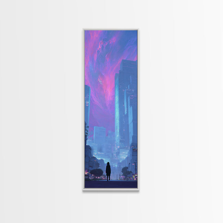 Digital Aurora Above a Clean White City Framed Canvas Print, Futuristic Art, Digital Poster, Living Room Decor, Future, FUT-1x3-36