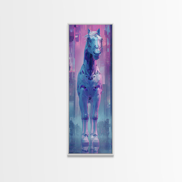 Cybernetic Horse in a Luminous Field Canvas Print, Futuristic Art, Digital Art, Living Room Decor, Future, Landscape Art, FUT-1x3-49