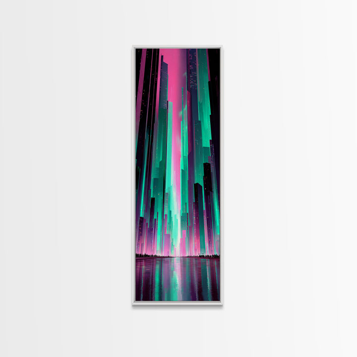 Digital Aurora Above a Clean White City Framed Canvas Print, Futuristic Art, Statement Artwork, Living Room Decor, Future, FUT-1x3-84